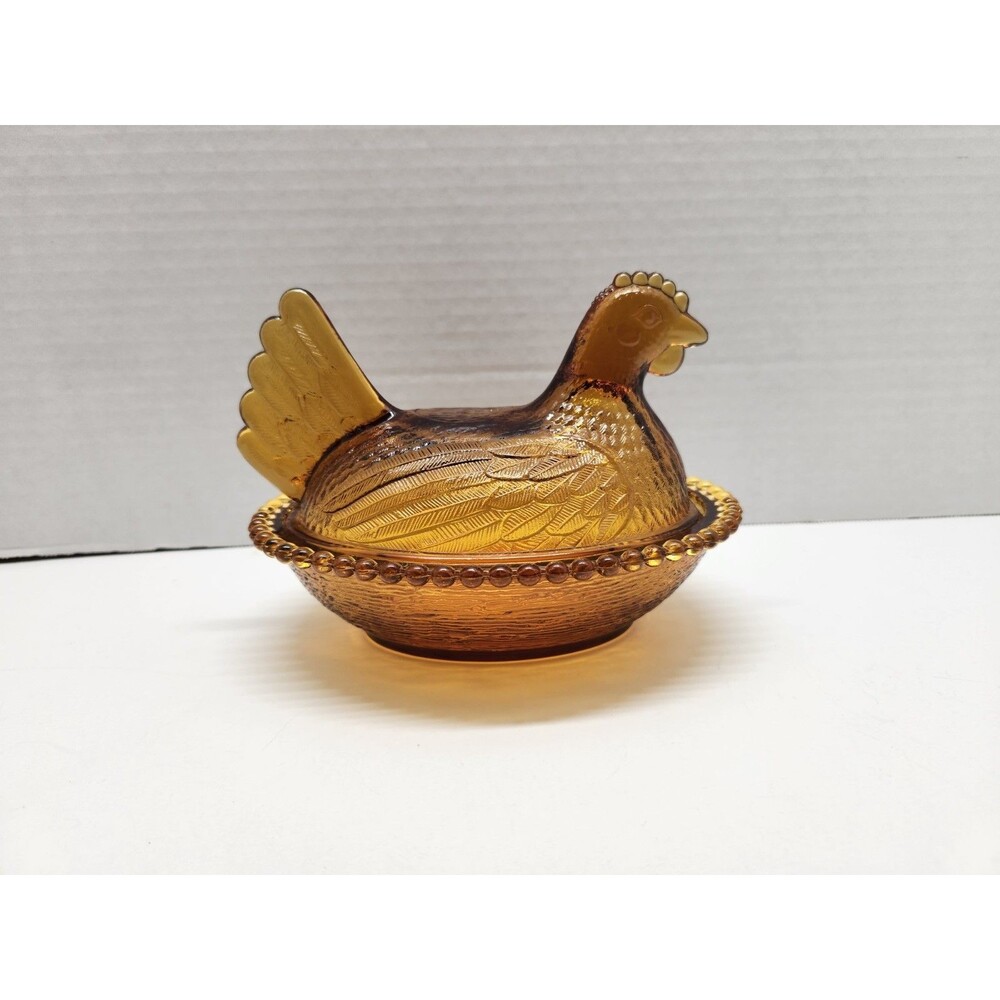 Indiana Glass Amber Hen On Nest Covered Dish with Beaded Striated Base